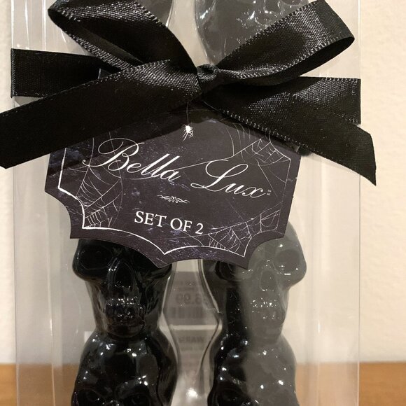 Halloween Decor 10" Black Skull Taper Candle Stick Set Skeleton CandlestIcks NEW - Picture 3 of 4